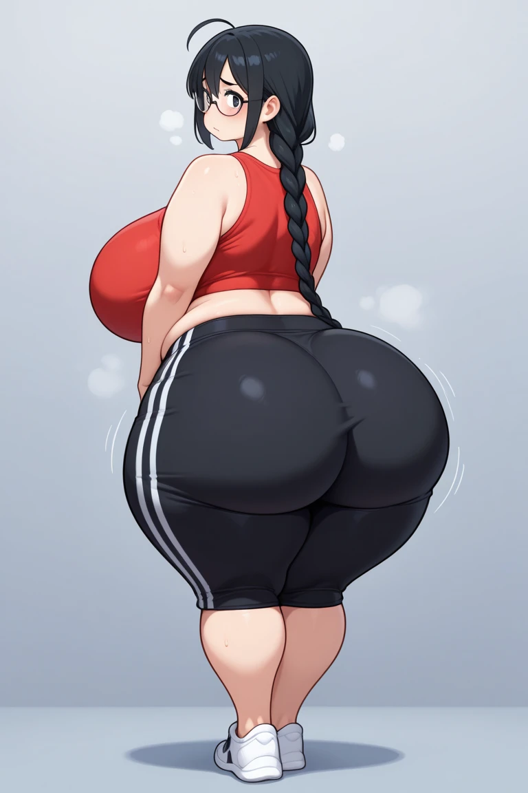 A girl with black hair, a short bob, wearing a black sports suit and short shorts, with big breasts and a big butt, wide thighs and legs, and a face with green eyes.