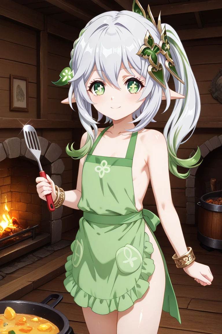 female, alraune, looking at viewer, large breasts, :D upper teeth disgusted eyes, kitchen, blurry background, soft lighting, bloom effect, mystic, surreal <lora:monstergirl_cpt_v04:1>