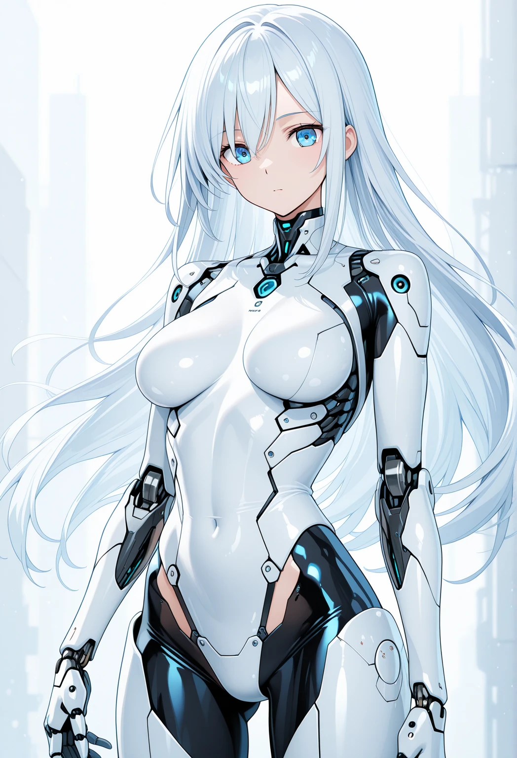 Slender beautiful girl、(White and blue futuristic space station background):1.2、Tight-fitting bodysuits of the near future、hight resolution、top-quality、The ultra-detailliert、Fine details、Does not blush cheeks、knee high、Undersized breasts、shorth hair、head phone