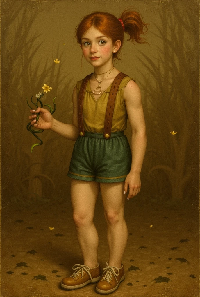 Twelve-year-old thin fair-haired elf boy in a tunic barefoot
