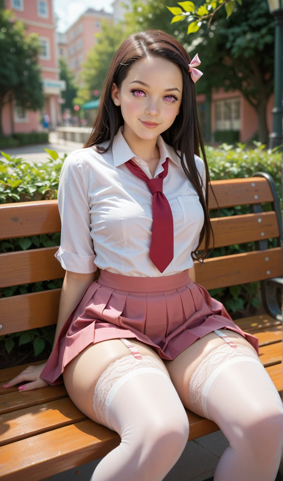 nsfw, (1girl in), (Solo:1.5), Official art, Raw photo, Photorealistic, unbelievable Ridiculous,masutepiece, Best Quality, 8K, hight resolution, extremely detailed girl, extremely detailed beautiful face, Beautiful skin, Ideal ratio body proportions, Cowboy Shot, sit, (M-shaped legs), (Open legs:1.4), girl showing off her white panties and thighs, 15 years old, (loli), Japanese, underwear, breasts, Realistic,medium breasts, shiny white panties, school uniform, white collared shirt, long sleeves, dark blue pleated miniskirt, red bowtie, (Open your clothes:1.2),chromatic abberation, Sharp Focus, face lights, plein air, outdoor,
