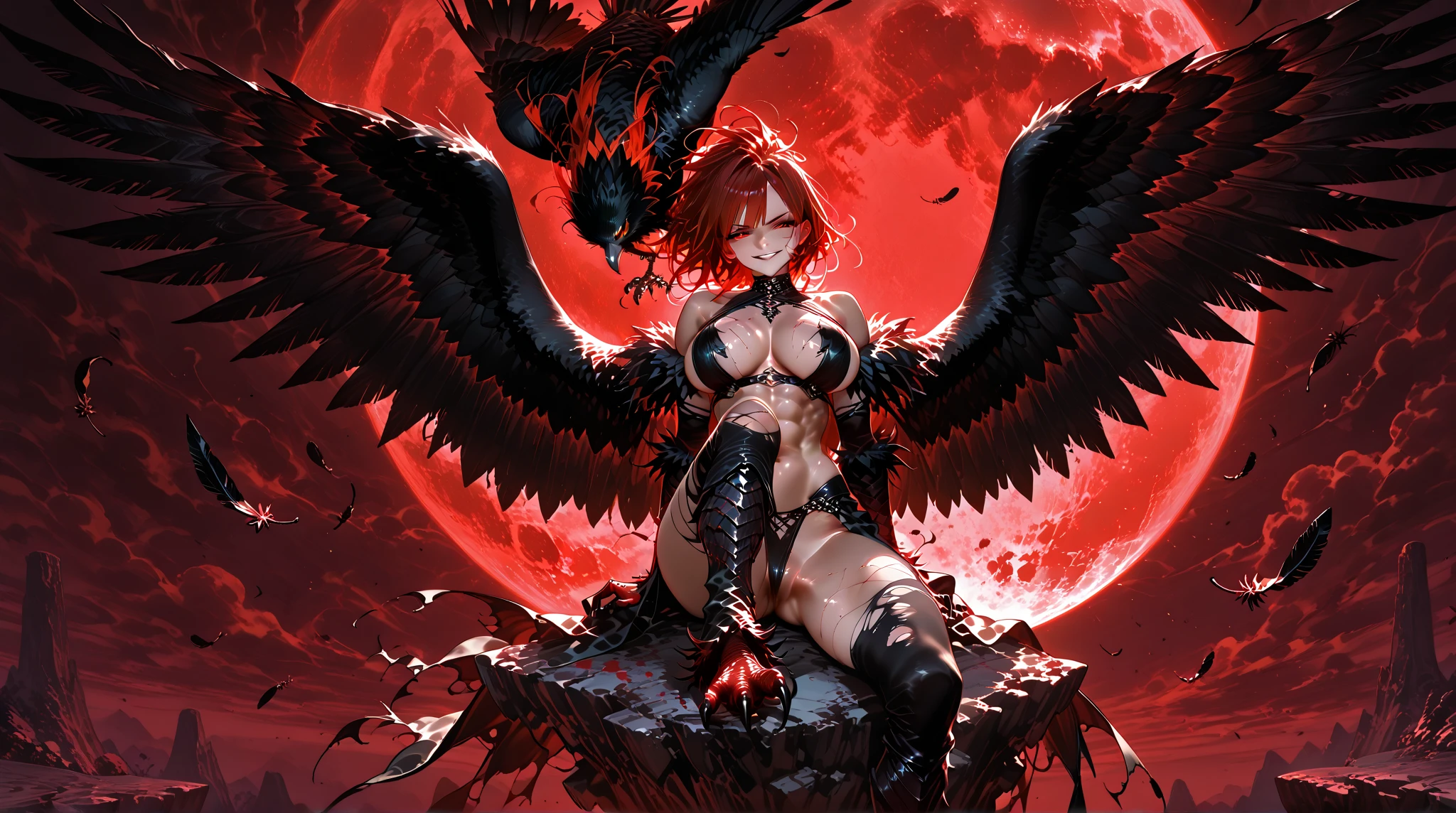 8K,A monster woman with bird wings on both arms.,harpy,Troubling white-skinned wingman,Has sharp bird claws on both feet,red mohawk hair,fantasy art,character art,ultra high resolution,super realistic skin,Precise bird wing details,digital art,beautiful expression,Sexy cleavage,Large fangs can be seen from the wide open mouth,attack,battle scene,action scene,action pose,