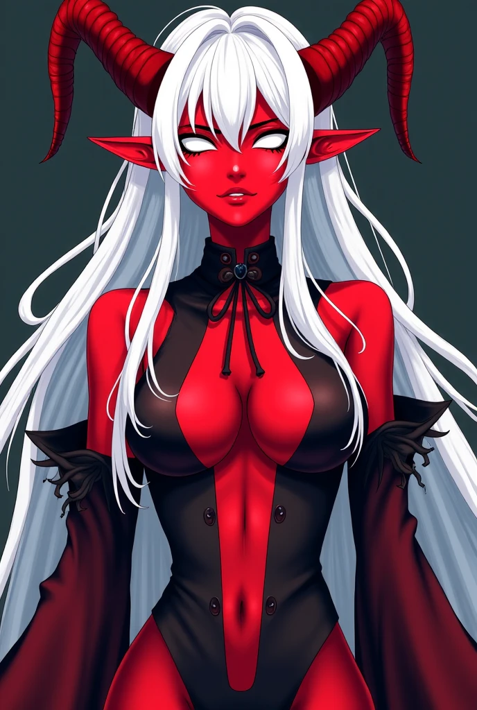 a demon with horns and white hair is posing for a picture, succubus, a demonic skin, Nectrotic skin, Burnt skin, female demon, hyperdetailed fantasy character, dark demon succubus, portrait of an demon queen, demon princess, of an elden ring demon, demon character with smirk, demon, demon queen, complex fantasy character, portrait of demon royalty