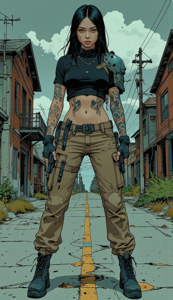 (TheRPGCharGenEsAFArt:0.7) punk 1girl in a jacket and a shotgun on a backstreet road