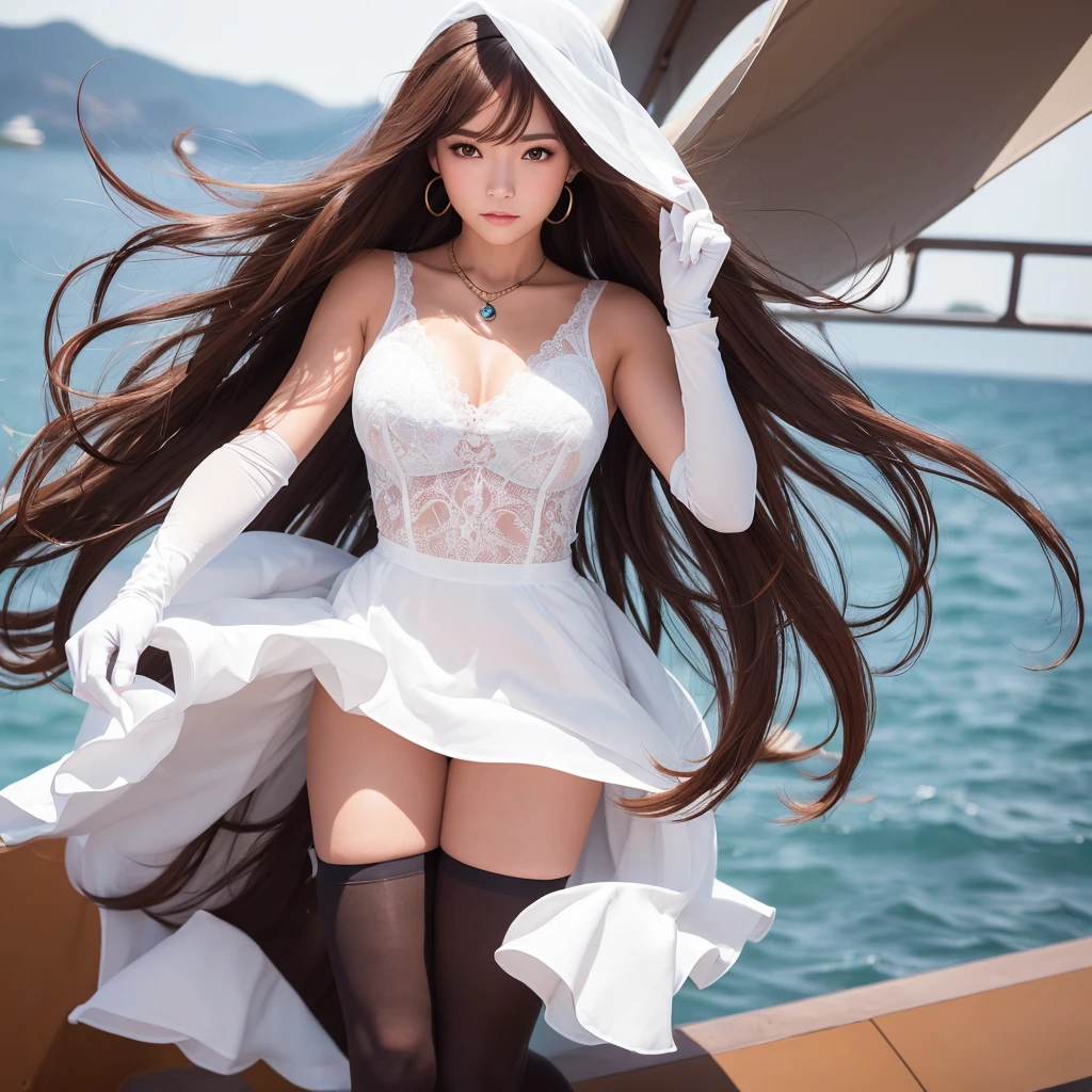 High contrast, (8K wallpaper: 1.3), realistic, octane rendering, realistic, (realistic face: 1.2), sharp focus, full body, (best quality), (mirror illumination: 1.5), face light, (goddess, flowing long hair: 1.3), noble and gorgeous, 1 goddess, real, slim figure, blue evening dress, crystal necklace, gorgeous fabric, diamond earrings, metal bracelet, atmospheric walking pose, red lip, white stockings, lighting effects, sparkling light, Blue sky, desert, (gorgeous:1.2), (elegant:1.1), (confident:1.1)