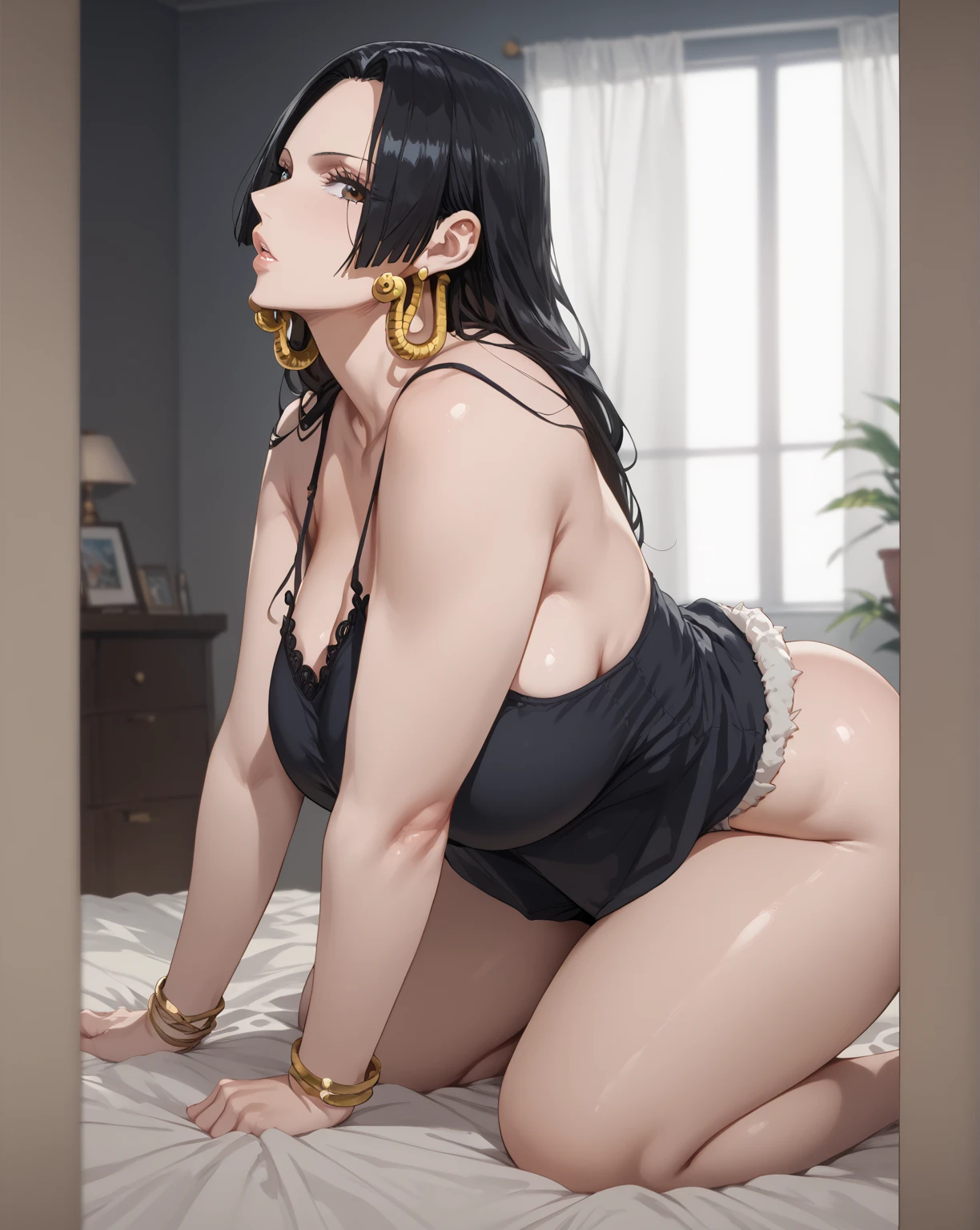 Straight face, (thigh tattoo:1.1), Seducing, Brown eyes, Fat, Thick, massive , looking at viewer, 1girl, solo, bbw, tan skin, Mexican, 20 years old,(messy curly short black hair:1.1), white, black bra, black panties,