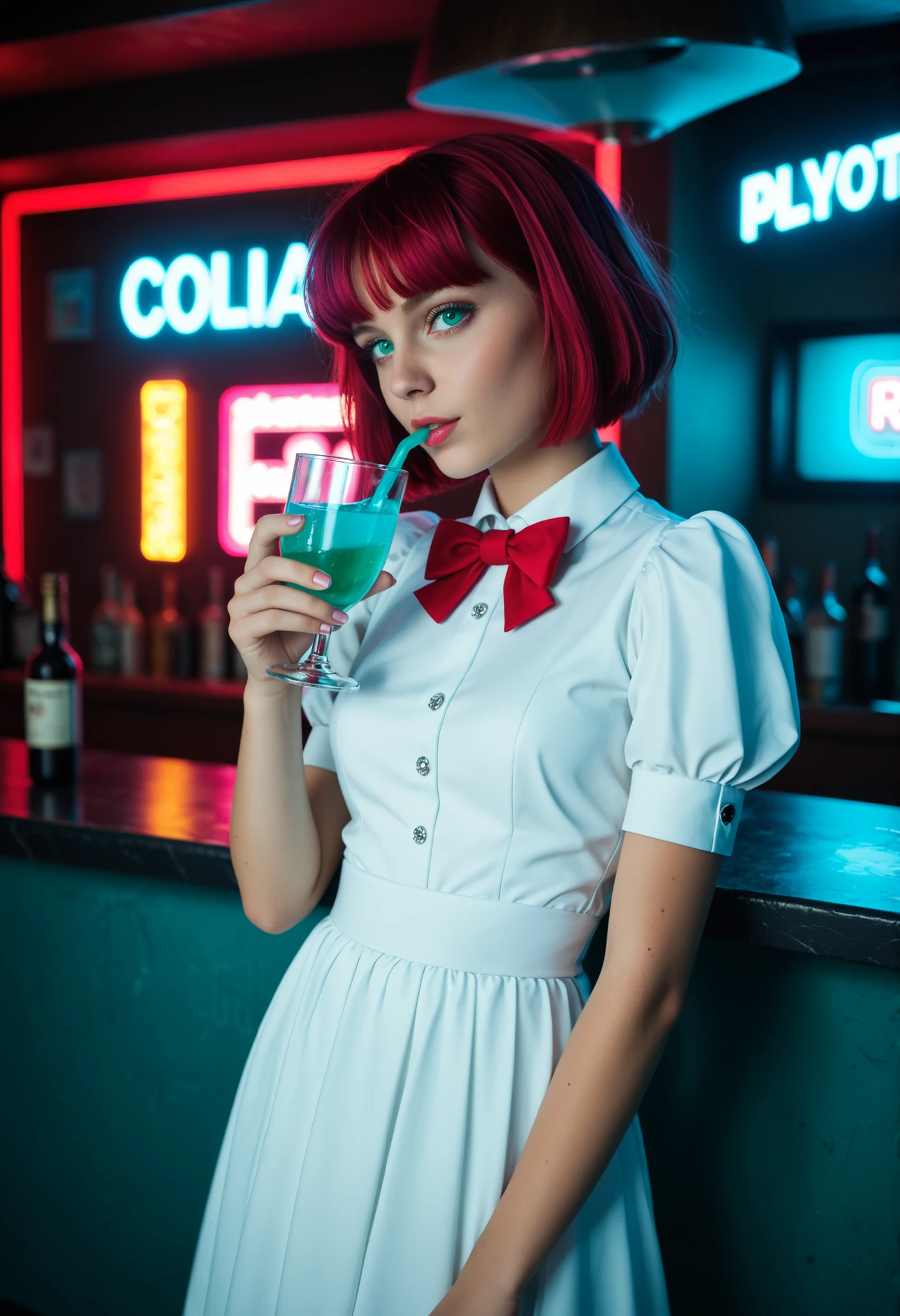 score_9, score_8_up, score_7_up, 1girl, dorothy haze, robot joints, short hair, android, redish eyes, light dress with pouf sleeves, red bow tie, neon light reflections on skin, neon lights background, low light, bar, drinking, tall classy glass, blue and green fluorescent liquid, depth of field, highly detailed, high contrast, film grain, Rim Lighting, long Exposure, DSLR