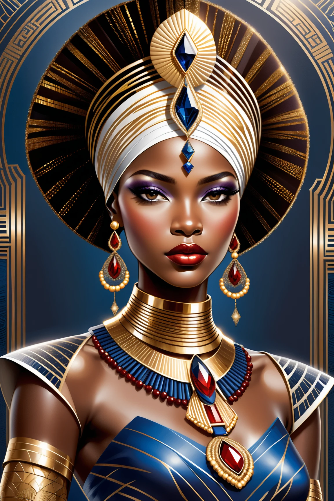 An overwhelmingly beautiful and majectic portrait of an African woman, elegantly dressed in a contemporary fashion ensemble. Her timeless beauty is accentuated by the rich textures detailed within her attire - intricate patterns and intricate designs reminiscent painting techniques. The image comes alive with dynamic energy as she stands against a light background, creating intriguing contrasts between the darkness and her radiant features.