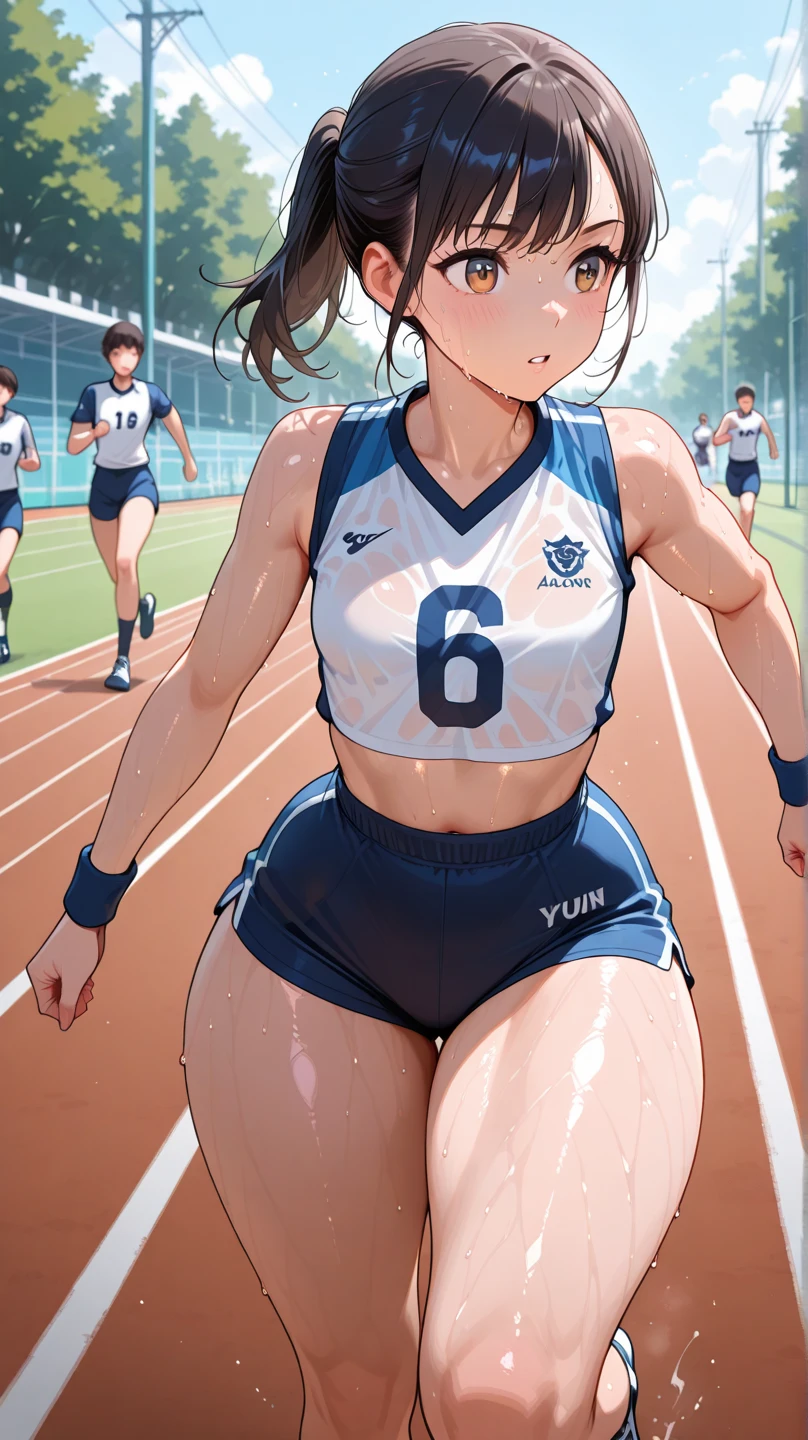 1 Beautiful ,dynamic angle,girl track and field athlete,small head,big breasts,meaty, at track and field ,(detailed beautiful face:1.4),detailed skin、back view、Glasses