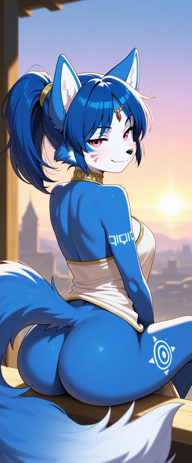 A beautiful and detailed (sweet portrait) von ((Krystal)), Sternenfuchs Krystal, Schlank, liebenswert, green eyes, medium breasts, (((Lange blaue Haare 1.3))),  ((schwarze haarspitzen)), Dekollete, Grinsen, hoch schauen,, anthro, Pelzig, Hochgeladen E621, detailed flauschige fur, (von Fluff-Kevlar, Bayard Wu, Personalami, Pino Daeni), detailliertes Gesicht, (flauschige), 1 girl, Allein,  Stammes-Kleidung, sweet girl, 
