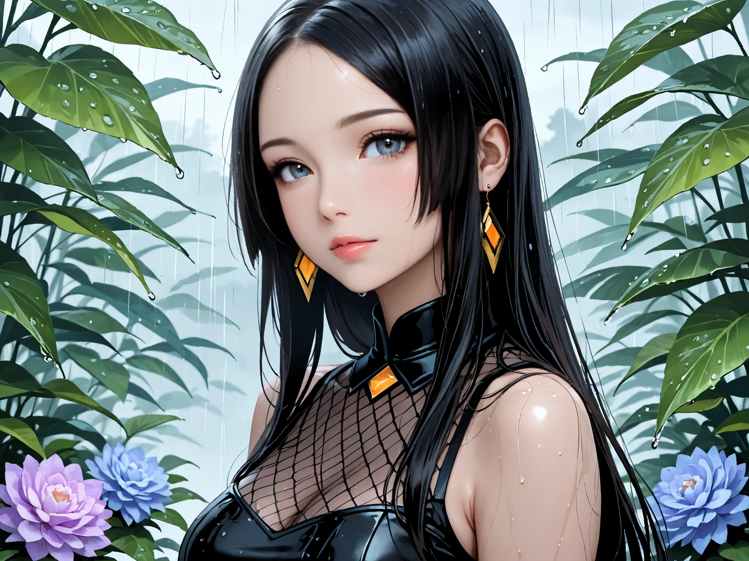 full HD foto realismo Exquisite and charming anime style illustration, Vegeta DBZ fusão com Naruto dark Power fire in the rose flower bed, a beautiful girl with withe black dark devil hair, mel eyes, half body, hiding in the flowers dark black , colorful and dazzling black . Intricate details, rendering and painting techniques come together to create a mesmerizing scene that evokes elegance and otherworldly elegance.