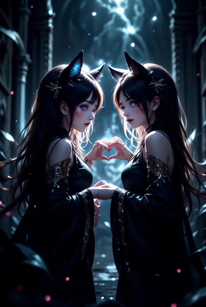 (Straight anime couple: 1.5, Dark style, beautiful eyes, Small pieces, Fluffy black fur), (Gothicdark, Victorian, Gothic, Steampunk style), dark, ambiente oscuro con decoraciones de calaveras 32K, fairy tale: 1.4, Camera cut: 1.4, ((An atmosphere of dreams, Soft light and magic:1.3)), ((Scenes of imagination)),((perfect, thoroughly.:1.3)), ((full shot: 1.4)), ((best quality)) , ((Masterpiece)), 3d, (There are too many details..: 1.3), ((Grand landscape: 1.3)), ((พื้นหลังat night: 1.3 ))), (((at night:1.2))), (realistic: 1,4), ((front camera)),( (แสงภาพยนตร์at nightที่มีแสงน้อย: 1,2)). 32K.