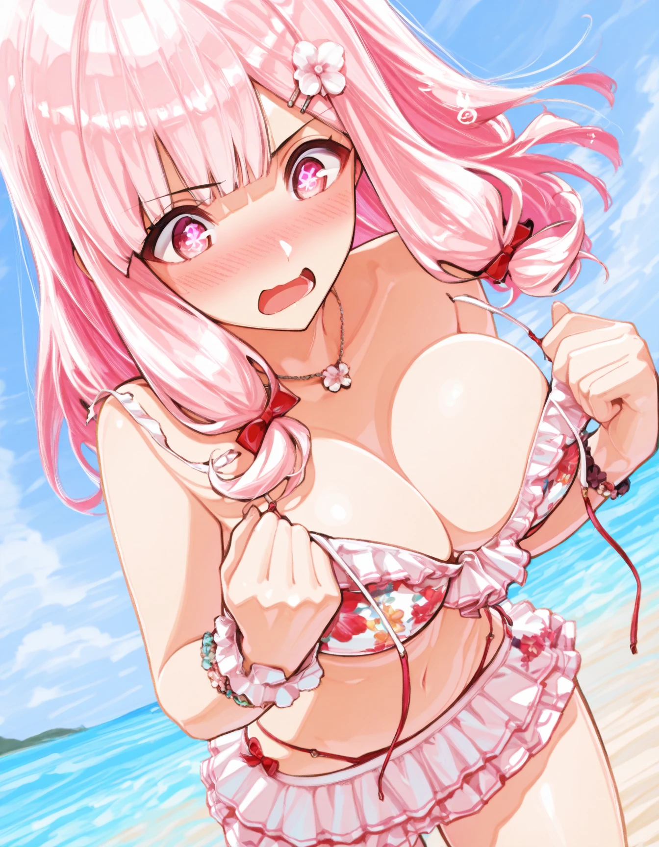 Masterpiece、最high quality、high quality、High definition、High resolution、High detail、Lens flare、Ray Tracing、high qualityのテクスチャー、high qualityの影、Beautiful details、Detailed explanation、Detailed texture、Realistic facial expression、Realistic and colorful、Delicate、Cinematic Light、Side light、Sharp Focus、(1 Girl:1.3)、(Intricate detailakeup、Pure Eros Face_v1:0.5)、(Details Beautiful delicate face、Detailed beautiful delicate eyes、Perfect Facial Proportions、Detailed skin、Charm)、Facial expression during orgasm、Fancy Shortcuts、Beautiful bangs、(Two-tone gradient hair color)、slender、(Upturned beautiful breasts)、(Detailed crotch、Open crotch、Showing off your crotch)、Female juice、Experiencing the best orgasm、(Spread your knees and open your legs)、(Raise your arm and make a peace sign)、White front opening shirt、Crop top、Thighs、Take off、White V-cut、White Thong、See-through、Low-angle composition、Sandy Beach、Beach、(Take a deep breath、Work on this image step by step)
