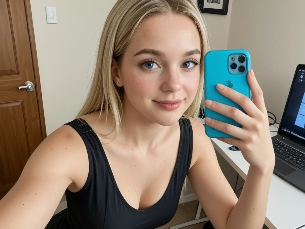 British young girl taking a selfie of herself wearing a Billie Elish outfit in a living room, perfect and full body, curvy_hips, looking-at-viewer, light honey eyes, standing, mood lighting, Bokeh