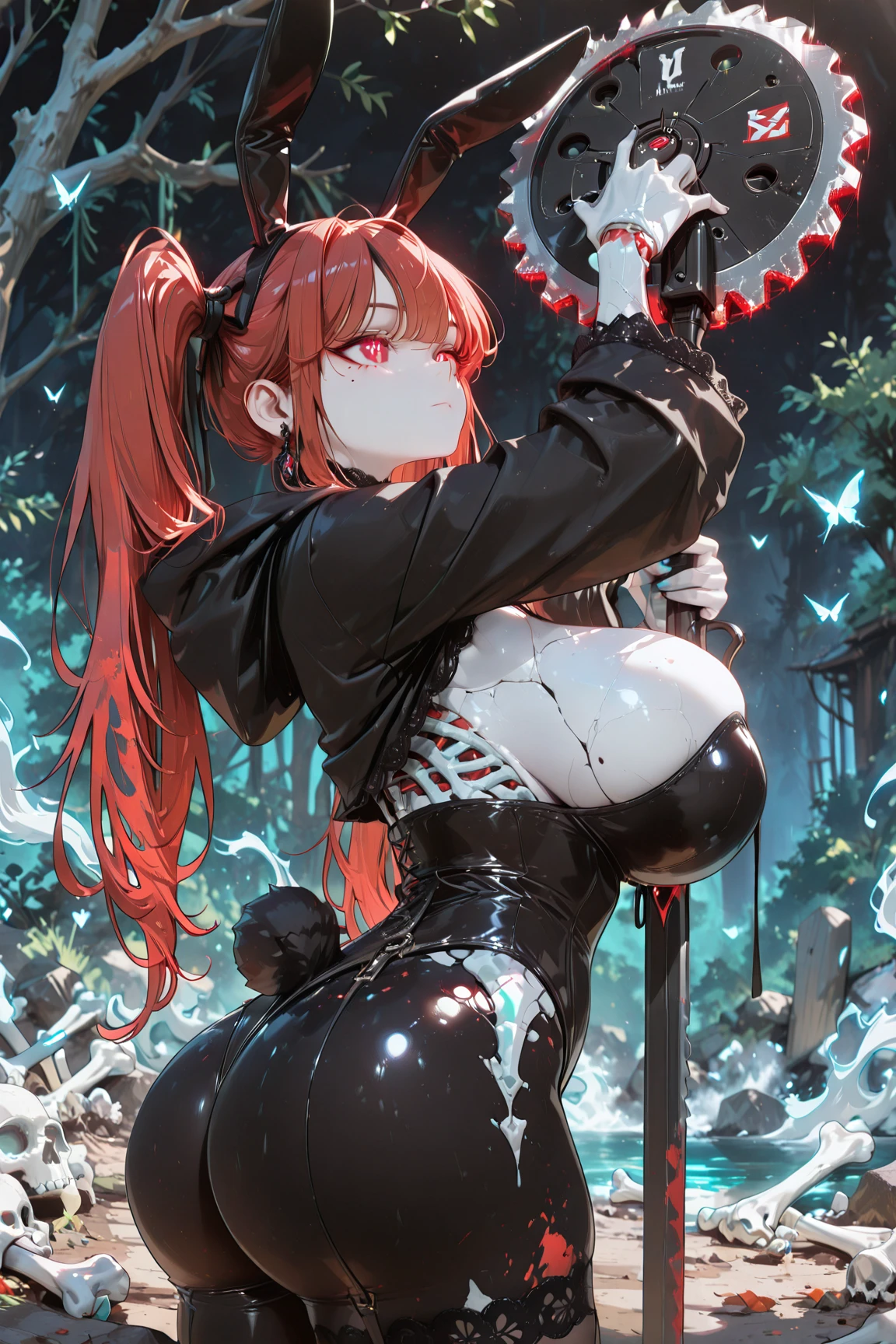 ((masterpiece)), (best quality), (detailed), (1 girl), <lora:jack:1>,jack-o' valentine,red hair,white bodysuit,gloves,halo,cross,belt,chain,ball & chain restraint,ankh,mask,shackles,cleavage,necklace,buckle,jewelry,chained,wide sleeves,beach,sunny,dynamic angle