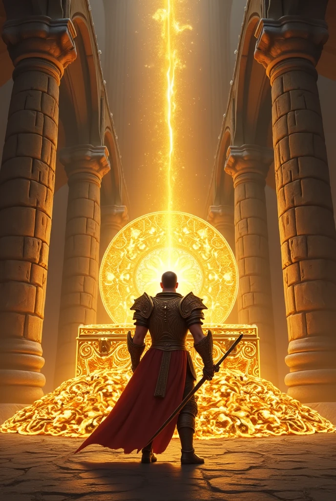 Man on his knees, worshiping dog gold statue, background crimson sky