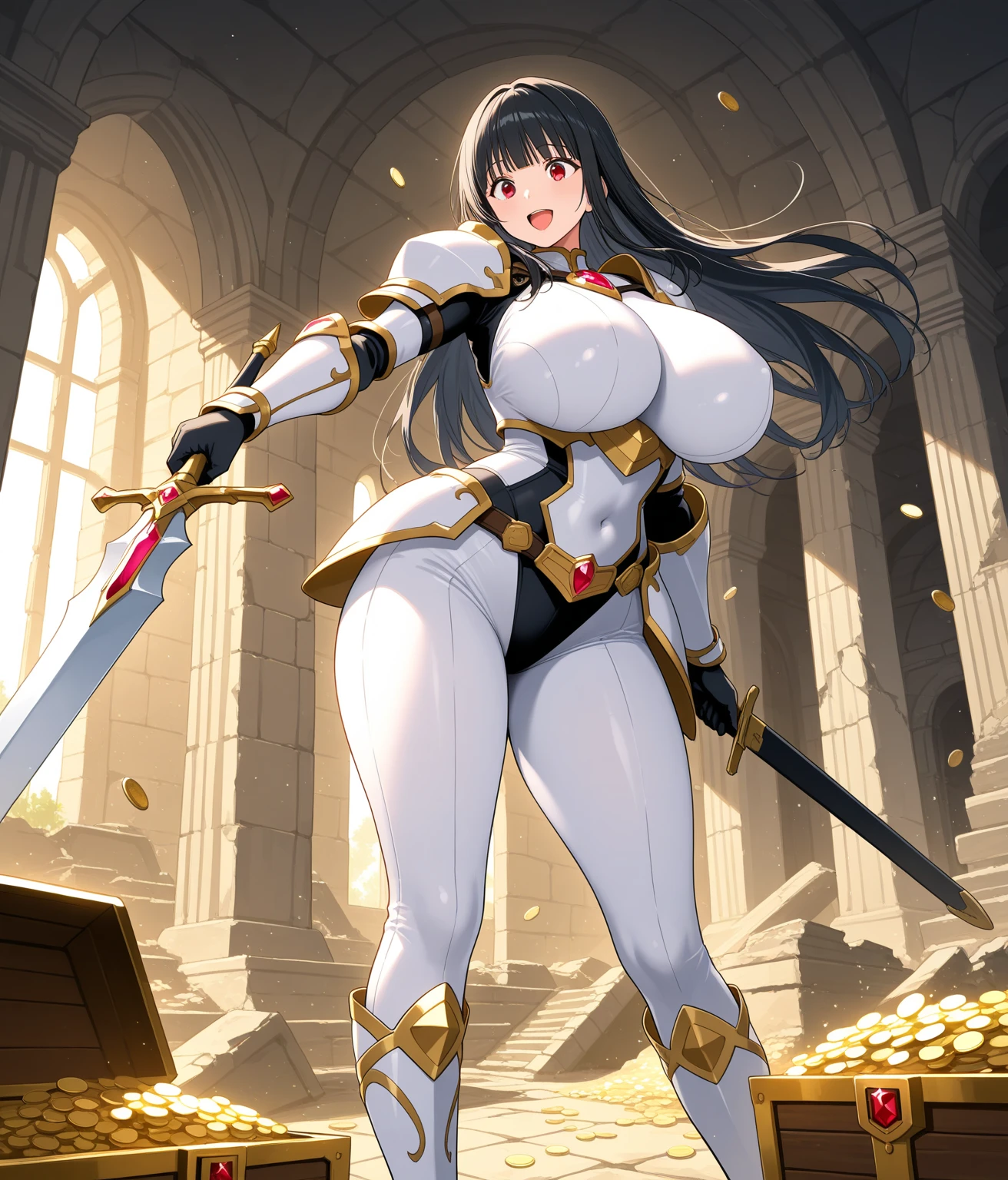 Best quality, solo mature woman, enormous breasts, giant ass, very curvy, tanned skin, very short hair, black eyes, full lips, seductive, black royal knight armor, breast plate, gauntlets, stoic, great sword, curvy physique, thick thighs, serious expression