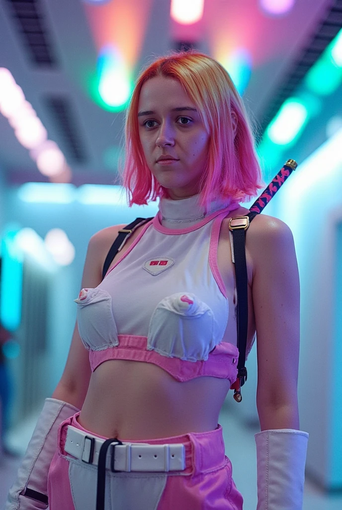 (masterpiece, best quality, 1girl, solo, intricate details, chromatic aberration), realistic, ((huge breath)),long hair, pink hair, red head ornament, pink highlights, hair over one eye,purple eyes, earrings, sharp eyes, choker, neon shirt, open jacket, crop top, (symmetry eyes),(perfect symmetrical body),against wall, brick wall, graffiti, dim lighting, alley ,look at viewer
