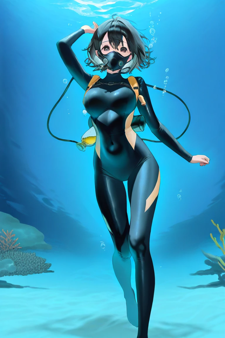 1female，41 years old，熟妇，mature，plumw，extremely large bosom ，Pornographic exposure， 独奏，（Background with：Underwater，ocean floor，a plant，The fish，The corals） She has short black hair，Walk underwater，seen from the front， hair straight， mostly cloudy sky，（（（tmasterpiece），（Very detailed CG unity 8K wallpaper），best qualtiy，cinmatic lighting，detailed back ground，beatiful detailed eyes，Bright pupils，Redlip（Very fine and beautiful），（Beautiful and detailed eye description），ultra - detailed，tmasterpiece，）），facing at camera，A high resolution，ultra - detailed），revealing breasts，Bare genitalia，  Bulge，legs are open，Raised sexy，Camel toes，Flushed complexion，Open-mouthed，frontage，diver，（Wearing：Sexy transparent wetsuit，Blue and white color scheme，nakeness）