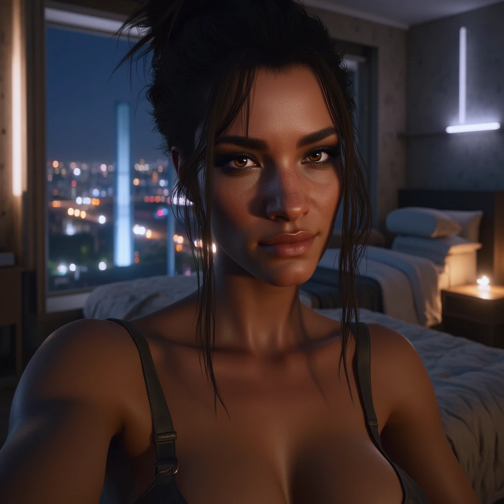 (medium full shot:1), RAW Photo, DSLR, professional color graded, BREAK photograph of dik-josy AS-Young woman, (friendly smile:0.9), tan skin, electric blue eyes, full eyeliner, brown hair with streaked hair, light purple flannel shirt, medium breast, full lips, night club, sharp focus, HDR, 8K resolution, intricate detail, sophisticated detail, depth of field, analogue RAW DSLR, photorealistic, looking at viewer, <lora:dik-josy:0.58>, <lora:detailed_eye:0.8>, <lora:weight_slider_v2:-0.8> <lora:muscle_slider_v1:0.7> <lora:skin_tone_slider_v1:0.9> <lora:unexptits_v15:-0.5>