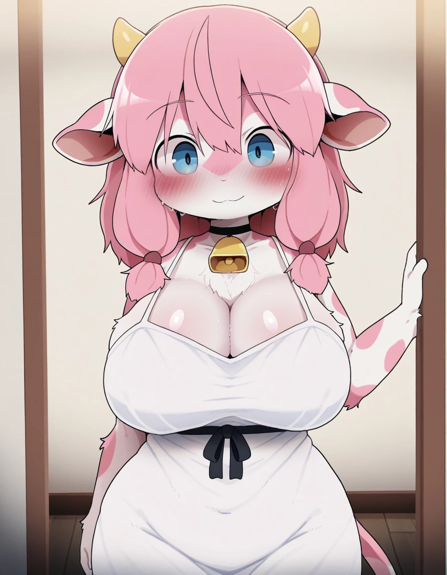 1girl, feminine, background, (freckles), blush, loose pink hair, huge breasts, ((sweat)), view from side, evening shadows, hot breath, open mouth, dimmed lighting, standing, sweaty, ((sweating)), (sweat), big ass, wide hips, toned body, cow ears and small cow horns, cow tail, cow girl, (motion lines), voluptuous, mature, milf, flustered, wearing milk maid outfit, cleavage, skirt, market in a modern city, selling milk, market stand, milk bottles, nipple bulge in top, bent over, duo, (fat and middle-aged man), ugly middle-aged man fucking cowgirl from behind, sex, standing doggystyle, (motion lines), thrusting, view from front, long loose hair, (girl facing viewer), the man has a double chin and grabs the girls hips,