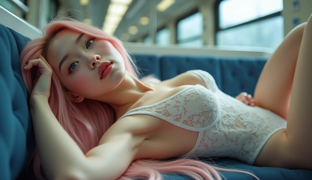 1 beautiful woman, lond hair,multicolored hair,dressed in sexy multicolored underwear , painted eyelids, closed eyes, long eyelashes, made-up face, sleeping with her mouth open, sleeping sitting on the train seats, full body,