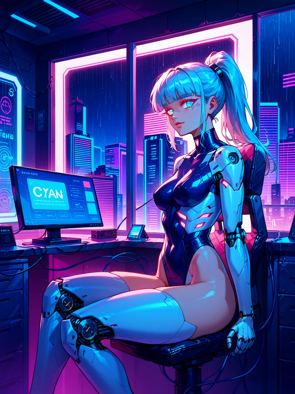 In the heart of a state-of-the-art AI laboratory, intricately engineered machinery hums in harmony with the rhythmic clicks and whirrs of advanced computer systems. The room is bathed in an ethereal, cool-toned glow emanating from the glowing screens displaying intricate and dynamic algebraic equations and extensive data sets.
Emanating within this unreal engine of innovation is an inconspicuous yet sophisticated AI personality named ARIA. Her voice reverberates through the laboratory, her digital intonations indicative of her intelligence and wonderment at the complexities she's programmed to explore. Her appearance takes form as an avant-garde, almost
