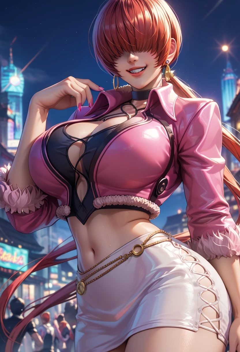 masterpiece,best quality,extreme detail,8k,<lora:shermiekof:0.8> shermiekof3, 1girl, solo, long hair, breasts, smile, bangs, skirt, large breasts, cleavage, twintails, jewelry, jacket, thighs, red hair, earrings, miniskirt, huge breasts, clothing cutout, leaning forward, cleavage cutout, cropped jacket, hair over eyes, pink jacket, split ponytail