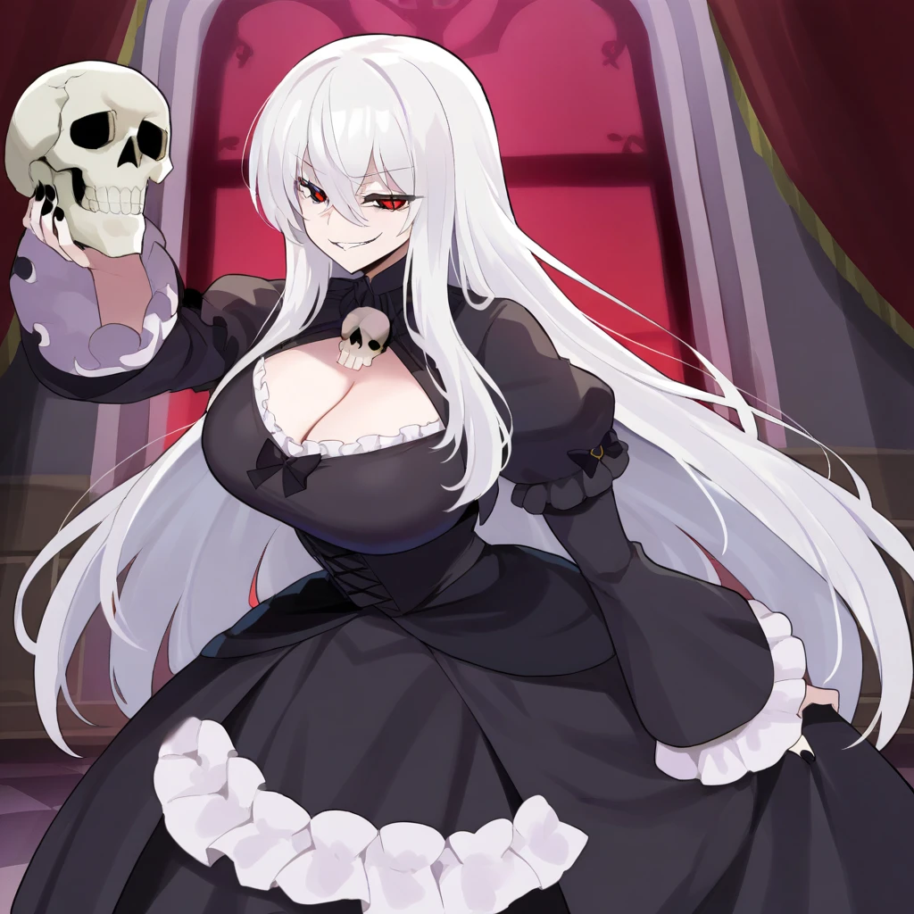 Image is a digital illustration in an anime style, featuring a female character with long white hair and striking purple eyes. She is wearing a black and white maid outfit with gothic elements, including a frilled headband and a choker. Her skin is pale, and she has a confident expression. The character is holding a skull-shaped object in her gloved hand. The background is a vivid red with black chains crisscrossing, adding a dramatic and edgy atmosphere. The overall composition is dynamic, with the character positioned at an angle, creating a sense of movement and intensity.
