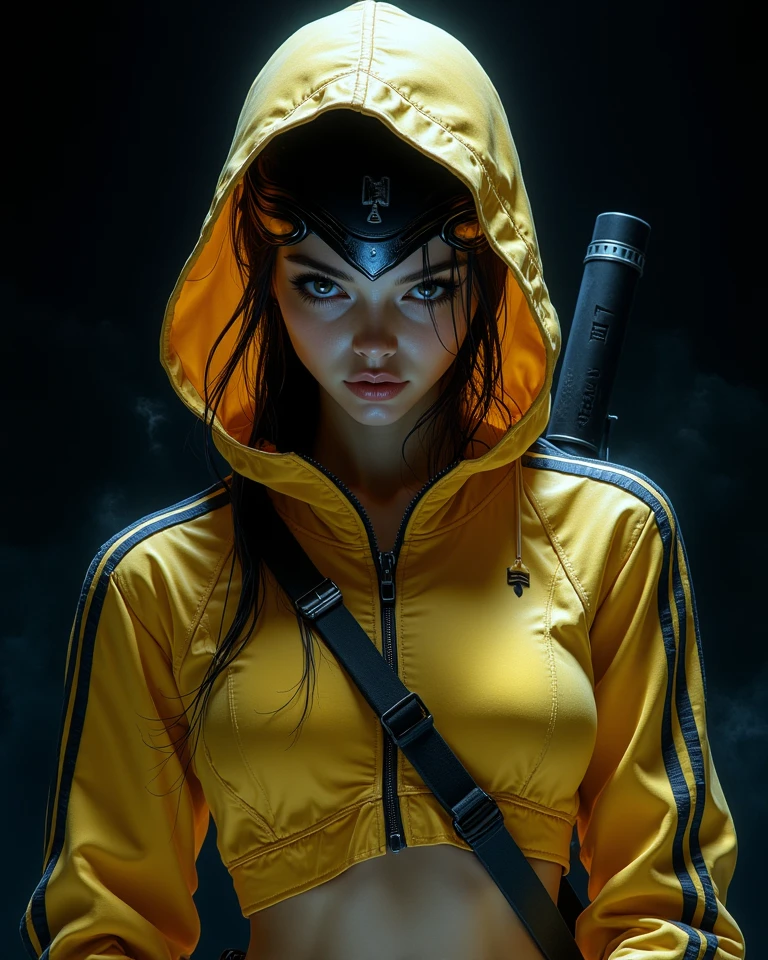 Tsundere Blushed excited questioning Look, Woman in fluffy comfy terry cloth Jumpsuit, yellow with Skull Print, Freckles, messy Hairbun, mystic, translucent, Close Up Portrait, Hd, very Detailed, seducing, offering Herself, awesome Quality, luminescent, translucent, Ethereal, Aura, revealing clothes, neon colorful light beams through smoke, yor,