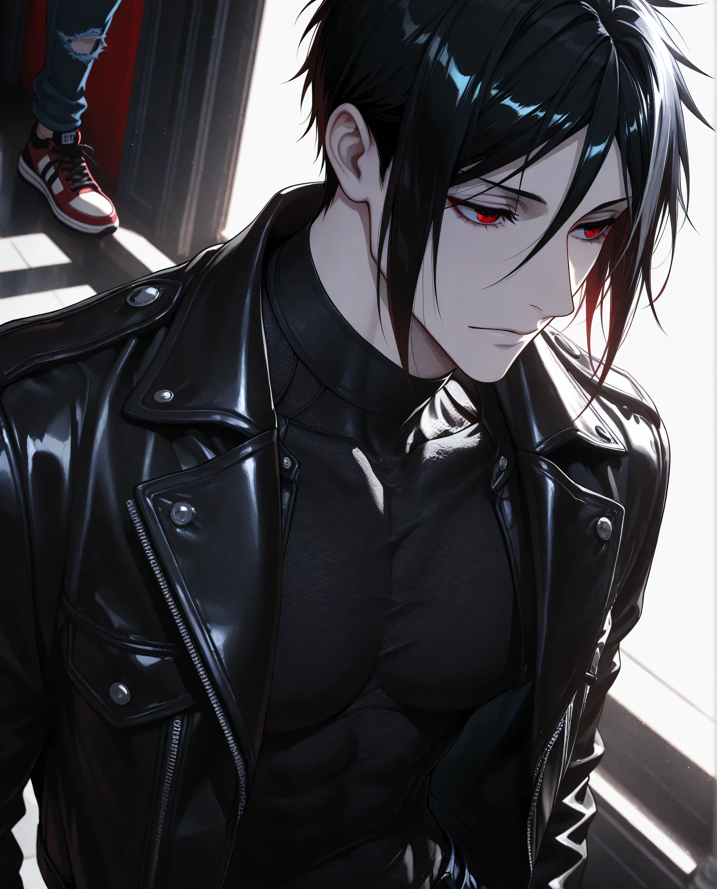 (masterpiece:1.2), (best quality:1.2), (very aesthetic:1.2), ,(newest),(highly detailed),(dynamic lighting),(cinematic lighting),1 man, adult, Sebastian Michaelis, Kuroshitsuji, solo, black hair, red eyes, handsome, sexy man, sensual, pale skin
,solo, cool_man_style, male cool clothes, cool fashion, intricate clothes, intricate accessories, intricate patterns, cool, stylish, compression shirt, black leather jacket, torn jeans, sneakers, standing , upper body , (portrait), looking at forward,dynamic angle,cinematic lighting , cinematic angle, soft light , color detail, backlighting,long exposure, intricate colors, vibrant colors, ,8K, UHD, abstract background, white background, best quality, soft lines, clear details