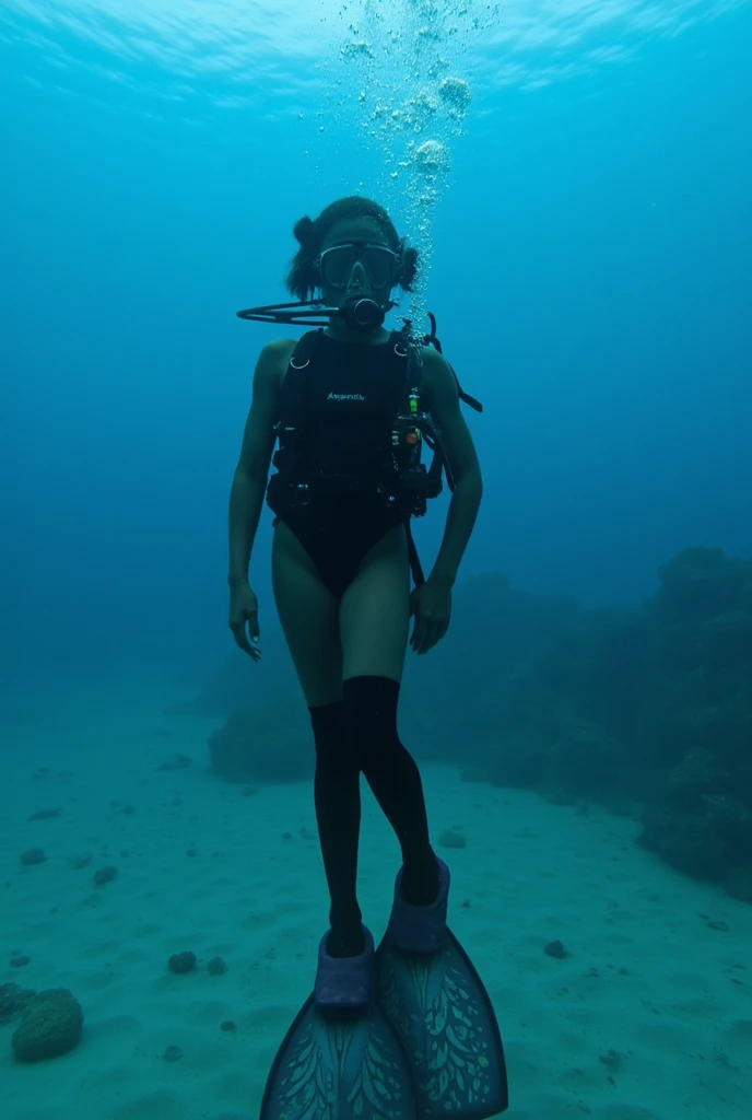 Full body, black hair with twin tails, pure white wetsuit, 10-year-old girl breathing with a regulator while scuba diving, Japanese