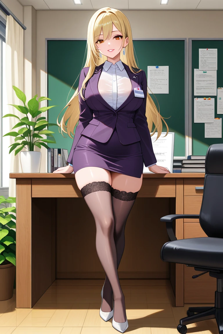 (Best quality, 8K, masutepiece, Ultra HD: 1.3), 1girl in,  ,Light brown hair, Blunt bangs, hair behind ear, hair over shoulders, Long hair,  Slender body type, ultradetail face, Oversized breasts，Delicate lips, Beautiful eyes, Double eyelids, lipsticks, thin blush ,Green eyes ,perfect glossy shiny skins,Flawless skin,White skin of the,perspired,Invite your gaze, chest,Ultra-thin pointer, Ultra-thin fingers, Shirt with collar, Tight skirts , beautifullegs ,Pump. s Office