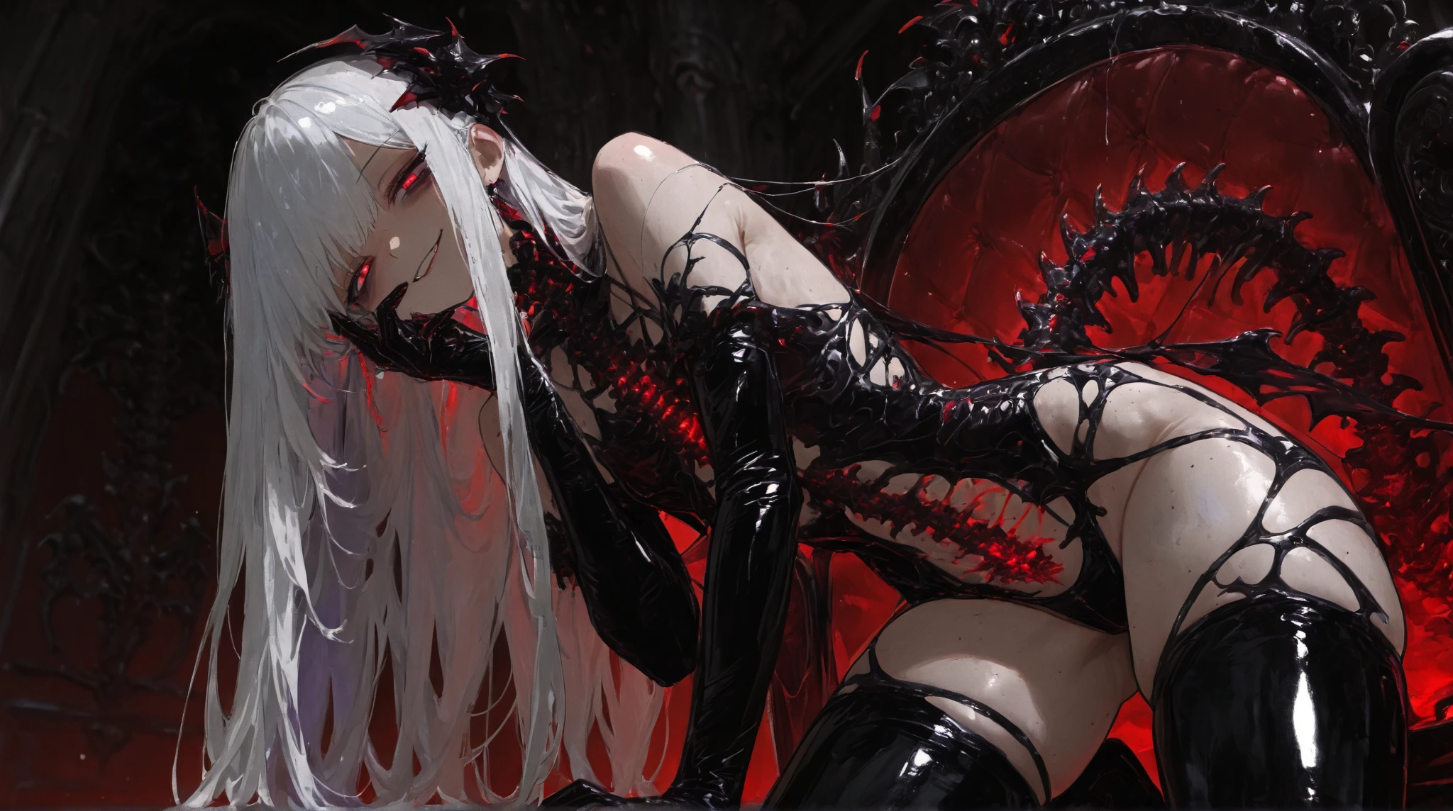 corruption , 748cmstyle, r17329_illu, PonyScores, simplePositiveXLv3, corruption, (masterpiece), (best quality), ultra high resolution, 32k UHD, absurdres, cinematic lighting, dramatic photography, fashion editorial style, intense depth of field, visual impact:1.3, perspective composition, ultra textured, best anatomy

scene: corrupted girl seated on the edge of organic biomechanical throne, legs parted in inviting angle, leaning slightly forward, spine curved seductively  
camera POV: low angle, very close, from between her thighs looking up, creating tension and intimacy  

hair: extremely long silver-white hair fading to black, red streaks, sleek and glossy, flowing over shoulders and thighs, slightly clinging to skin from heat  
eyes: violet with glowing red ring, intense seductive stare downward, thick lashes, wet inner corners, light shadows under eyes  
expression: smirk of someone who knows what she’s doing — proud, seductive, corrupted yet elegant  

body: slim, delicate build, but with defined curves — flat chest, toned abdomen, narrow waist, strong thighs pressing against soft seat  
buttocks: tightly framed between her parted legs, prominently visible from low angle — **firm, lifted**, round shape creating shadowed valley  
skin: pale, shiny, soft-glowing at contact with parasite, visibly moist where pressure is higher (inner thighs, spine base, pelvic edge)  

parasite: dark purple-black slime, semi-translucent, clinging to skin like high-gloss latex  
two wide tendrils wrap her thighs tightly, squeezing slightly to emphasize their shape — skin subtly bulging around them  
pelvis region covered in ultra-thin slime layer, split open slightly to expose tension and form — shape of lips, crease between cheeks and thighs visible  
a small tendril slides along gluteal cleft, lifting slightly — teasing without full reveal  
back tendrils tighten along base of spine and buttocks, spreading cheek subtly and pressing upward  
thin strand coils under breast, anoth