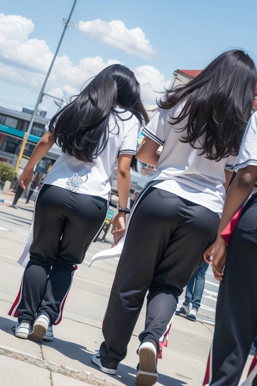 Two indian girls running,one thick pale skinned girl in white microminiskirt.one thin dark skinned girl in loose jeans