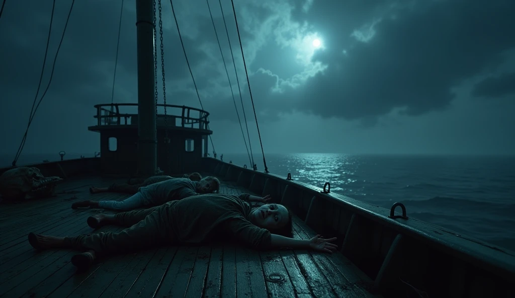 Dead crew member with a terrified face in a old ship with a night misty background and a big ocean waves