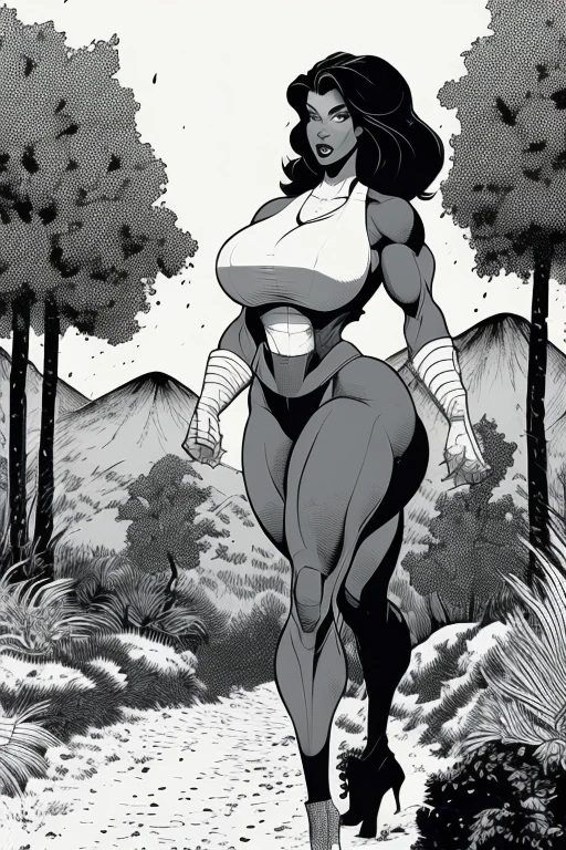 1girl, ((young girl)), white skin, (thin waist), ((curvy)), ((wide hips)), ((small size)), hot, upper body, ((sexy pasties)), naked whit pasties, navel, big long black hair, lineart, monochrome, a drawing of a tomboy woman in a black sport shorts, sci-fi, feminine and muscular, makoto, white, fubuki, (thin waist), ((curvy)), ((wide hips)), big long curly black hair, sexy, muscular thighs, full body