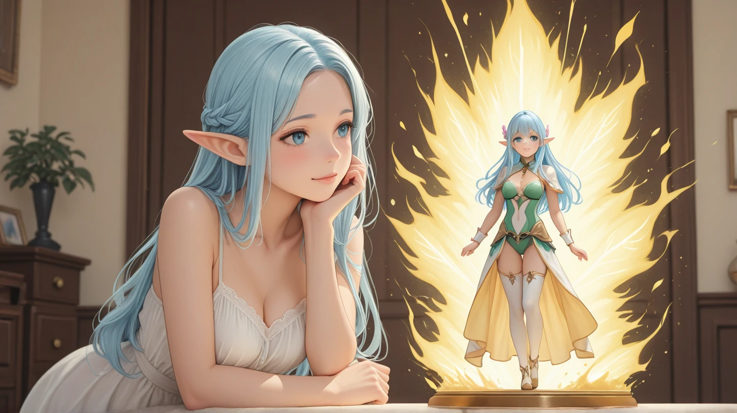 celestia,((mature female)),dress,blue skin,jewelry,large breasts ,nature ,jewelry,blue crystal tiara,linked piercing,lingerie,milf,granny,((wings ))<lora:kristallia-10:1>,((bottle)),((horns))