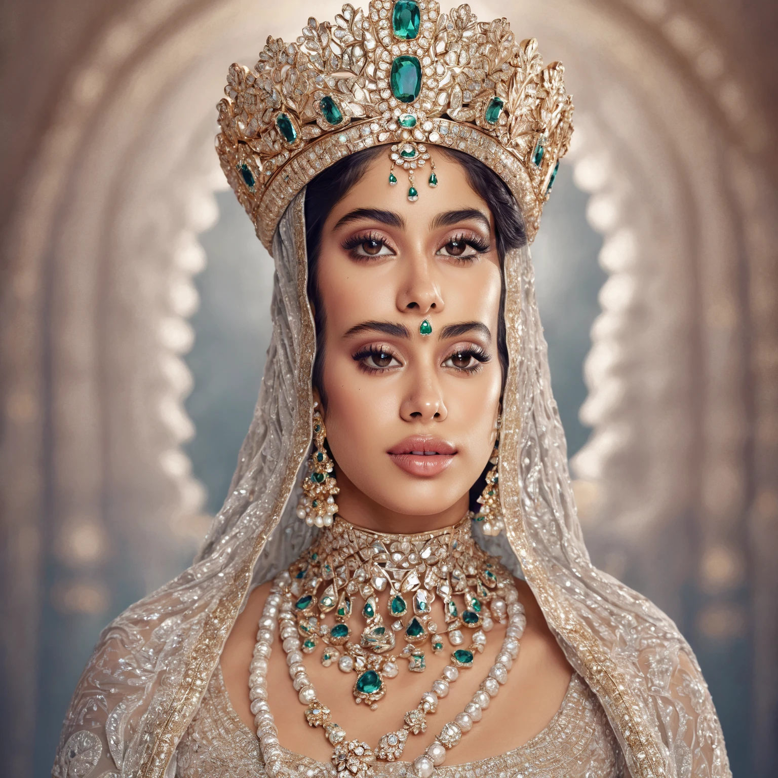 Aishwarya Rai, Horns in the crown, Mahabharata dress on a woman, queen, Large size, Muscular, demon, Giant, lbeard, Beard, evil look, Long hair, black and gold dress, Horns in the crown, Perfect detailed face, Realistic, stunning realistic photograph, a 3D render, rendering by octane, intricately details, Cinematic, trending on artstationh, Centered ultra-realistic cover photo, Awesome full color, grittiness, High definition, Cinematic, Stylized digital art, smooth, hyper HDbest quality, masterpiece, highres, Aishwarya Rai, transparentsilk lace javanese kebaya, silk robe, medium hair, smile, closed mouth,lips, long dress, necklace, jewelry, javanese clothes, make-up, earrings, Horns in the crown  detailed beautiful eyes,detailed eyelash, Beautiful face,upon_body, tyndall effect,photorealistic, rim lighting, two tone lighting,(high detailed skin:1.2), 8k uhd, dslr, soft lighting, high quality, volumetric lighting, candid, Photograph, high resolution, 4k, 8k, Bokeh, in home, leaf falling , spring, (gigantic breasts:1.5), Horns in the crown.
