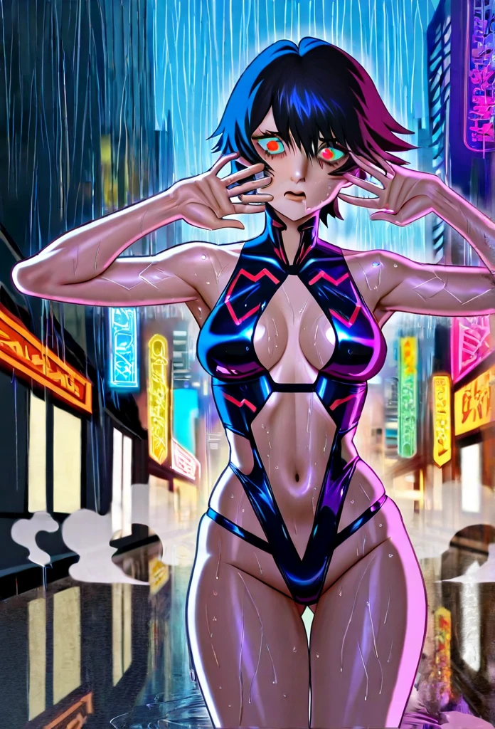 a digital painting of the Powerful Short Haired, cyberpunk art by Josan Gonzalez, winner of the contest behance, afrofuturism, synthwave, neon, shiny neon, thick thighs, thin waist, sensual, nsfw, little clothing, erotic art, anime, battle torn clothes, extremely sexualized, sweaty body, NSFW, big breasts, big ass, HD, 8k, High quality, details, perfect body, highlight the body,  Detail on perfect face, detail in background