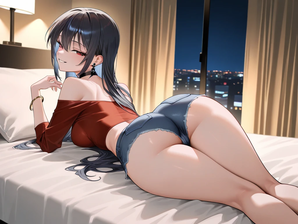 masterpiece, Best quality, Misato Katsuragi, One, Sultry smile, Barefoot, From the side, ((((Black Sukesuke Nightgown)))), (Black Bra,Panties))),Away from Shoulders, Lying in bed, Night, Window, Bed, Room, Room,