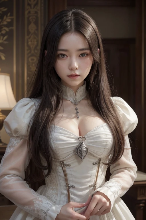 Vampire, long-curly hair, dark-brown hair, honey-brown eyes, brown eyes, narrow eyes, sad-stoic woman, Spaniard woman, victorian goth, chains, blood, blood on body
