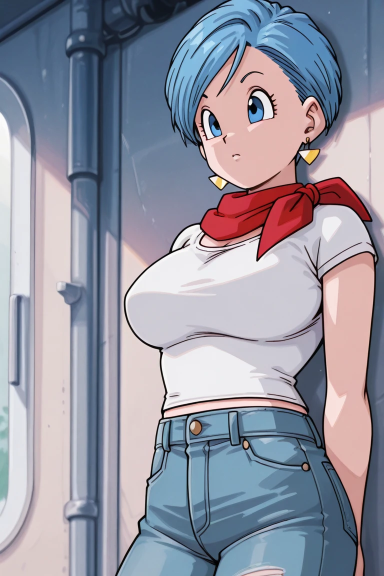 masterpiece, best quality, highest quality, (photorealistic), perfect anatomy, perfect face, perfect eyes, bulmadbzreddress, aqua hair, red dress, short hair, blue eyes, yellow scarf, sleeveless, earrings, sexy pose, 1girl, on bed, lying, lying on bed, sexy pose, bare breasts, cameltoe, blushing, nsfw, ((spreading legs wide)), ((hands behind back)), wet panties