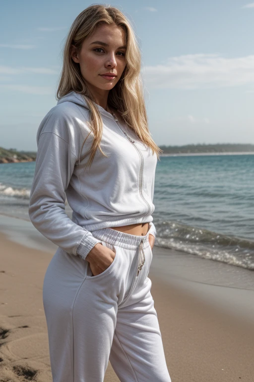 ((best qualityer)), ((work of art)), (detailded), 1 girl, DRESSED IN ADIDAS SHELTER PANTS, legging pants, white undershirt, beachfront, sand, sitting on the chair, bare feet, strong sunshine, Portrait of a BRAZILIAN woman, BOTTLE OF MINERAL WATER IN HAND, sexy looking with long flowing hair, hazel eyes, with fluttering covers, perfect composition, hyper realist, Super detailded, 8K, high qualiy, trending art, trends on artstation, sharp focus, studio photo, details Intricate, altamente detailded, art by greg rutkowski, without jewelry, sketch, SIDE camera, looking at the sea, floor, blue sea, sand BRANCA,