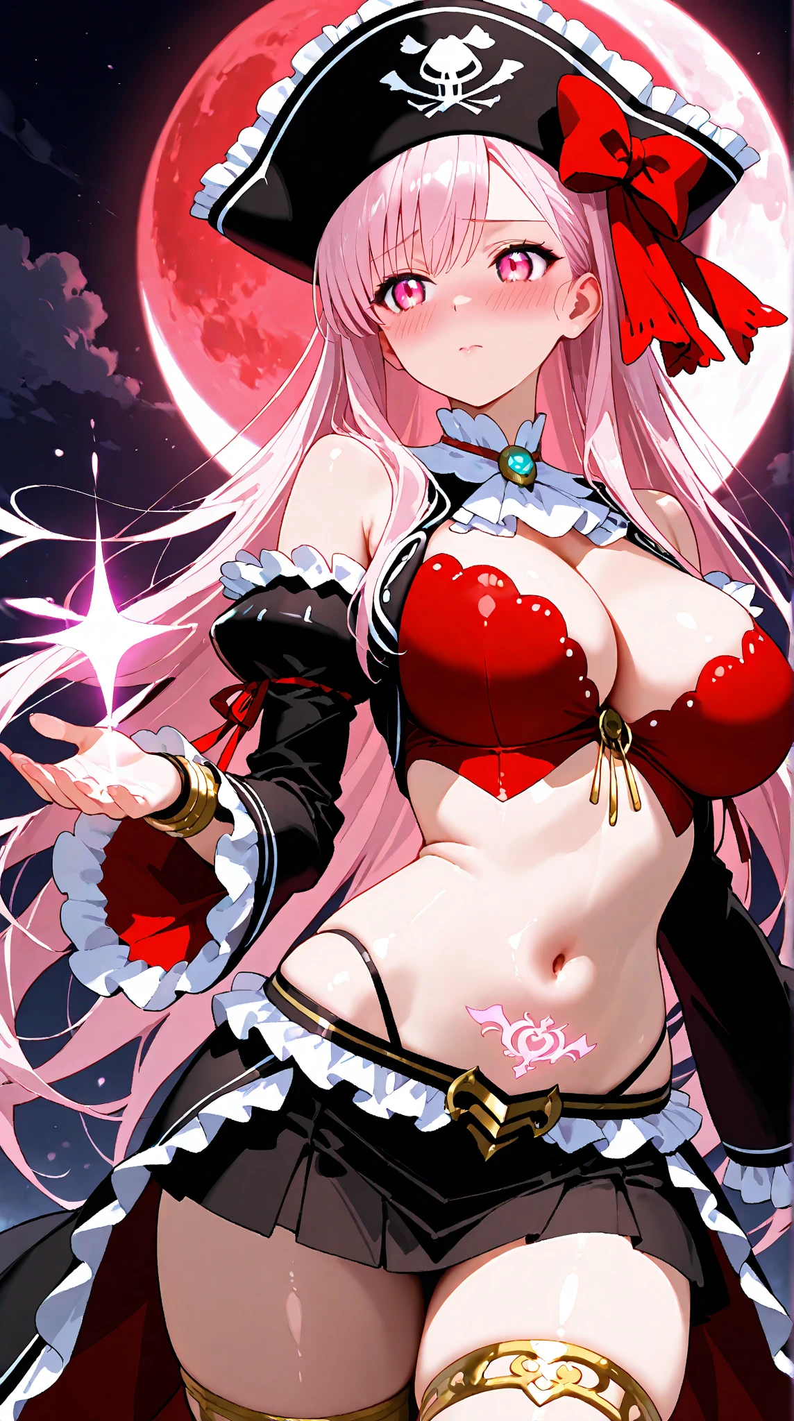 Long pink hair, red eyes, hot pants, top, shoulder-free, large breasts, sexy pose