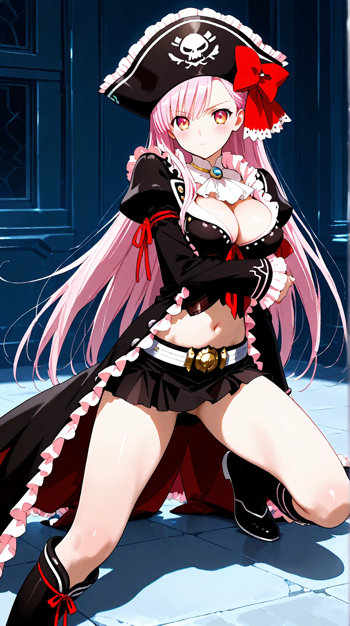 (shoujo-style:1.3), royal, seductive, seductress, 1girl, (mature female:1.3), adult female, 30 year old,pink hair, long hair, (milf:1.2), (slim body:1.3), tall body, (glowing red eyes), (large breasts), succubus, (succubus tails), (succubus tail in the background), earrings, parted lips, (night:1.3), rose petals, (evil face:1.2), seductive smile, grin, (smirk:1.2), makeup, large lace choker, large necklaces, head tilt, collarbone, sexy pose, indoor, inside royal chamber, pillars, huge lamps, white skin, dress, belly dancer clothes, arabian robe, (robe:1.3), egyptian robe, belly dancer,revealing clothes,(pelvic curtain:1.3),dancer, harem, 1girl,