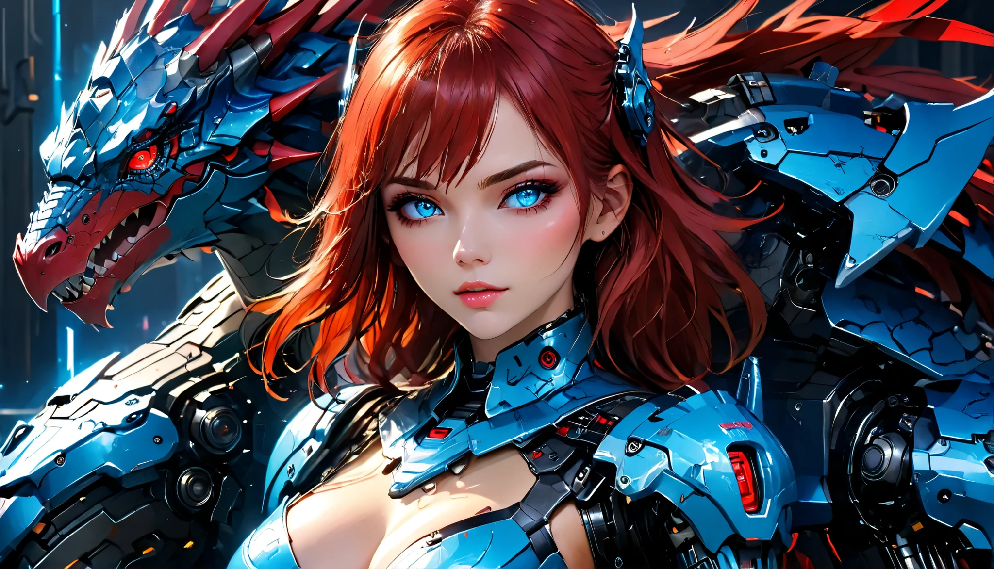 full body a best quality ,masterpiece, illustration, an extremely delicate and beautiful, extremely detailed ,CG ,unity ,8k wallpaper, Amazing, finely detail, masterpiece,best quality,official art,extremely detailed CG unity 8k wallpaper,absurdres, incredibly absurdres, ultra-detailed, highres, extremely detailed,beautiful detailed girl,light on face, 1girl, well drawn expressive lightblue eyes, very big big large breast, mecha, armor, mechanical_body, Red hair, , cyberpunk, night-star_sky, behind her a fierce dragon-mecha,4n1v3rs3\n\n\