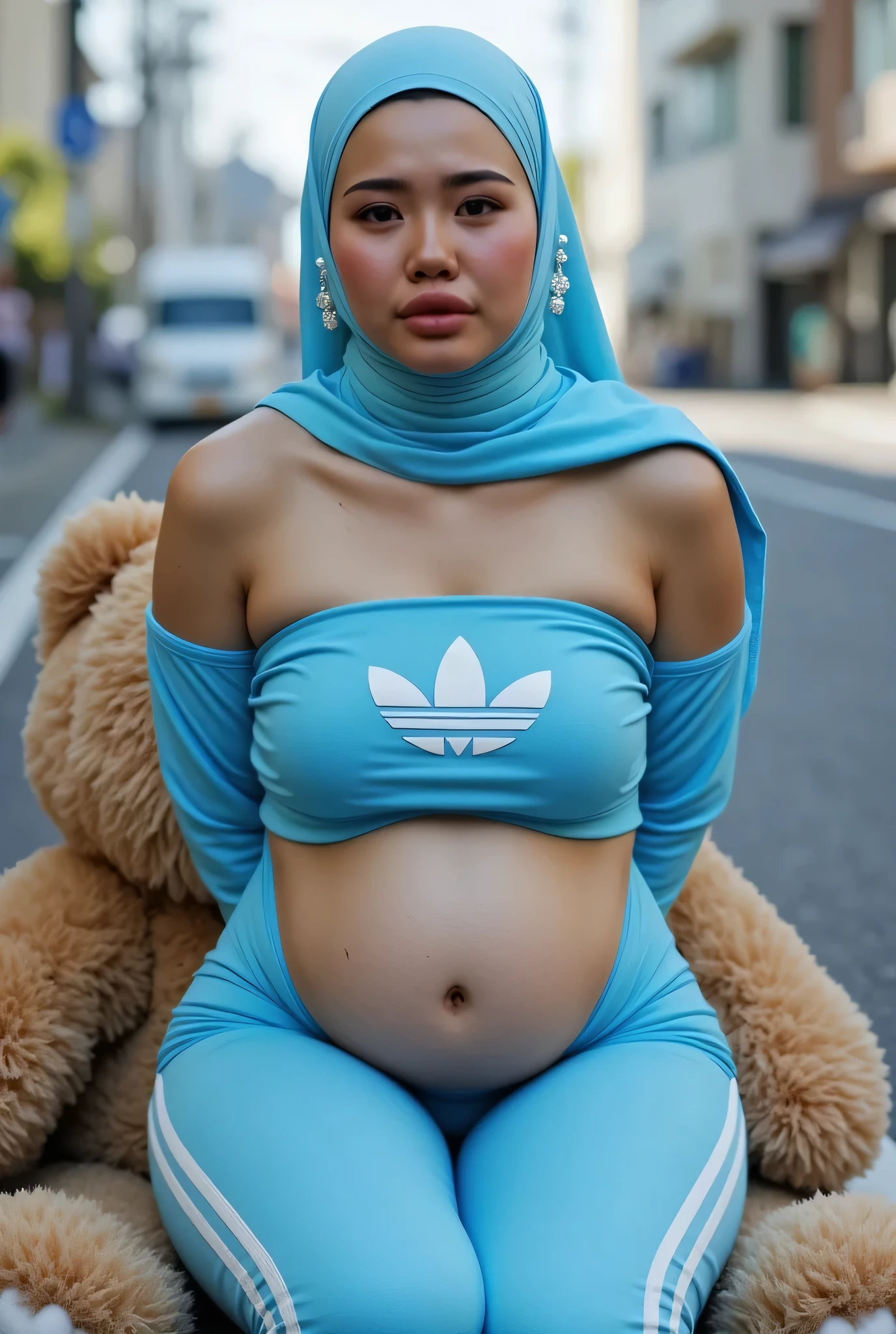 Disappointed facial expression, Front posing, Wearing Scarf neck tie, Front posing, SUPER SKINNY, (Thighs and calves huge muscles), (((MOODY FACE EXPRESSION))), "Wearing Hijab perfectly", wearing Scoop Neck Sleeveless neon light blue Bodysuits strapless swimsuit 'ADIDAS Brand Logo Print', (KEDUA BELAH TANGAN DILETAK LETAKKAN DIBELAKANG PUNGGUNG NOT VISIBLE FINGER) PLEASE DON'T PUT ANYTHING ROPE!!!, THIGHS OPEN WIDE, closing mouth
THIN SKINNY HIJAB INDO MALAY (Singlet ), 1 girl, 'BULGE PUSSY', Half body portrait, (face details: 1), (Eye details: 1), ((Big breasts)). ultra high res. realistic: 1.4, UHD, background Di tengah Kota Yang sepi Di negara jepun, (Sitting At Huge Teddy Bear huge)