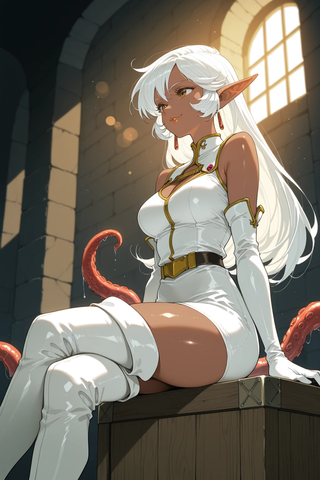 zPDXL, <lora:OtherStyle_03:.8>, 1girl,
Kronikaxl, blue eyes,black sclera,bald,gold bald cap, white robe,shoulder armor,pelvic curtain,tight sleeves,clothing cutout, looking back at viewer, serious, smirk, lying, on stomach, on bed, inside bedroom, night time, ass focus, <lora:Kronikaxl_r1:.8>