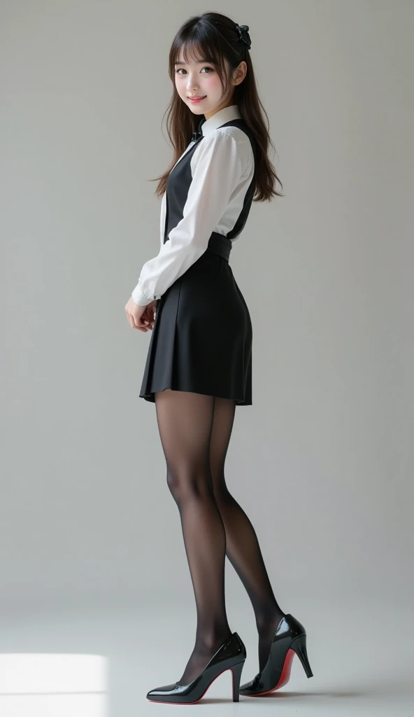 Bunny girl in maid outfit:1.5，Wearing black tights:1.5，The best smile:1.5，Full Body Shot:1.5，Gray background:1.5，Wearing black high heels:1.5，Short hair with side waves:1.5，Yankee sitting:1.5